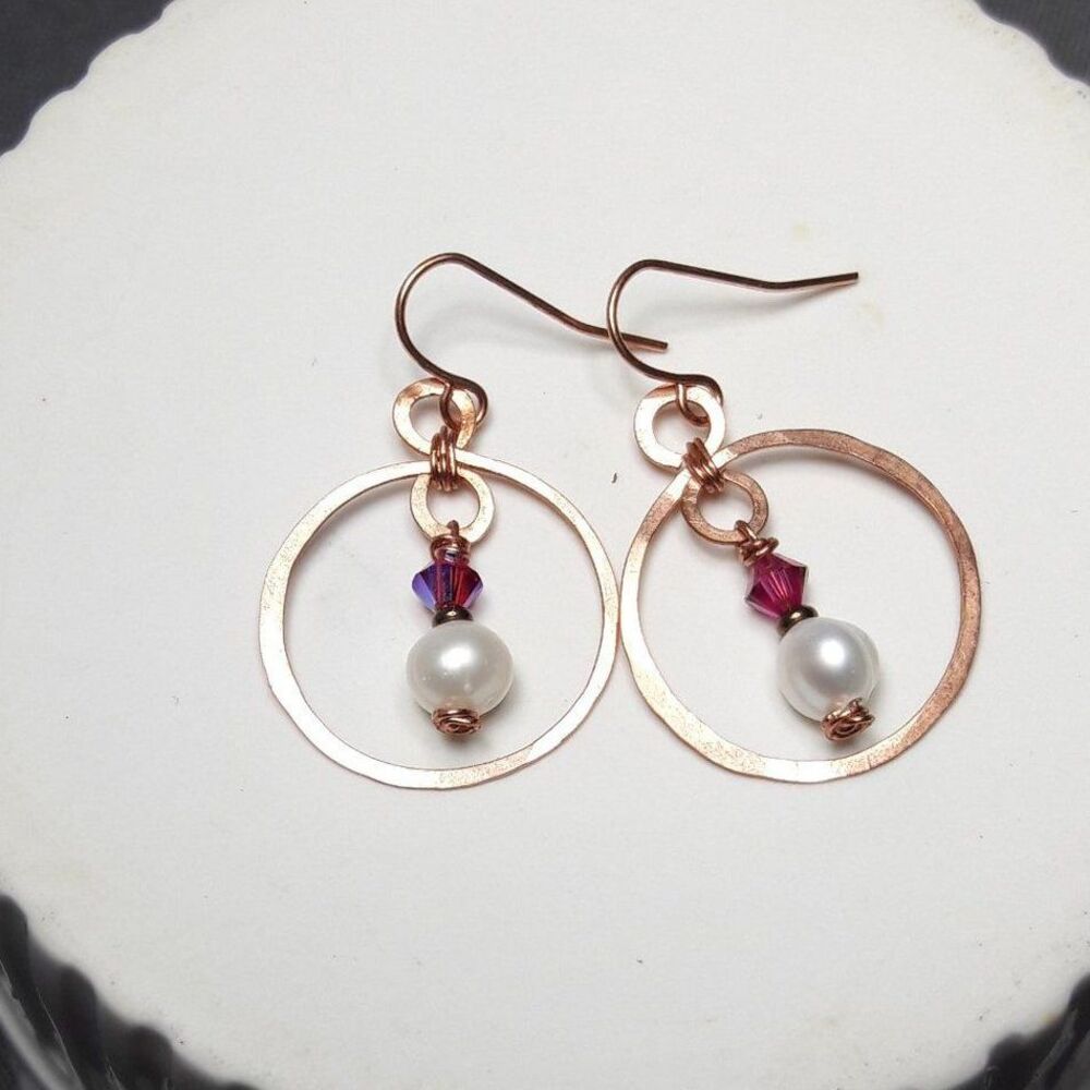 Red Pearl Copper Hooks Hidden Meaning earrings Natural Elements, Organic f  066■
